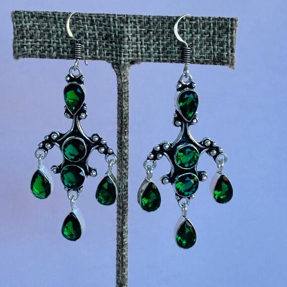 925 Sterling Green Quartz Chandelier Dangle Earrings - Picture 1 of 4